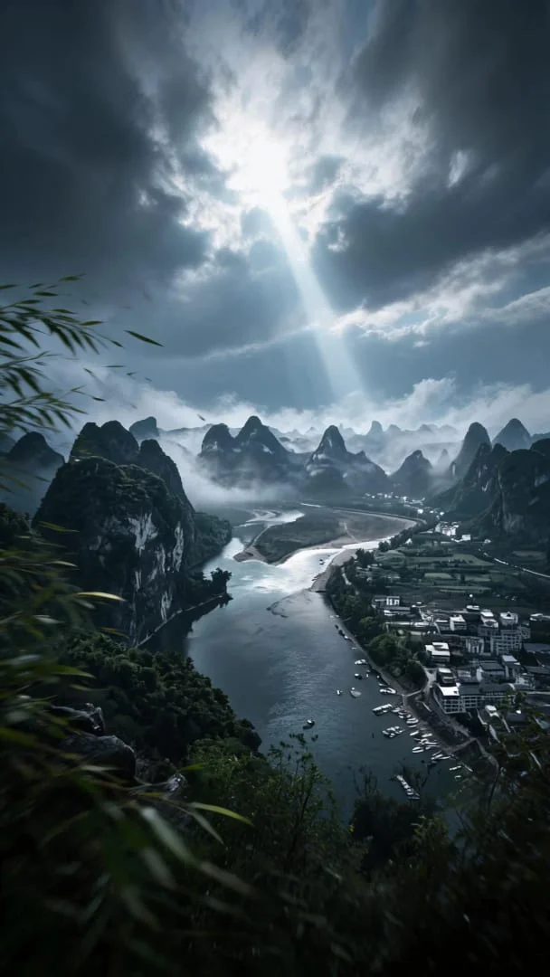 东方玄幻风·墨绿灰白调·超广角云雾 修图后